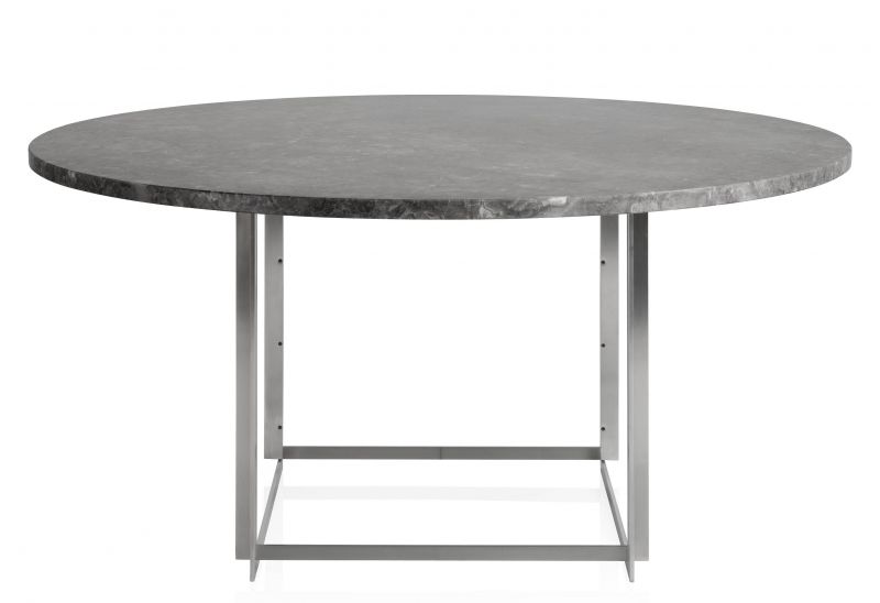 PK54 Esstisch von Fritz Hansen, runde Tischplatte aus grauem Marmor, Gestell aus gebürstetem Stahl.